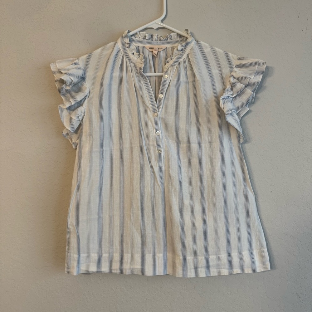 Rebecca Taylor Striped Cotton Ruffle Short Sleeve Blouse 2